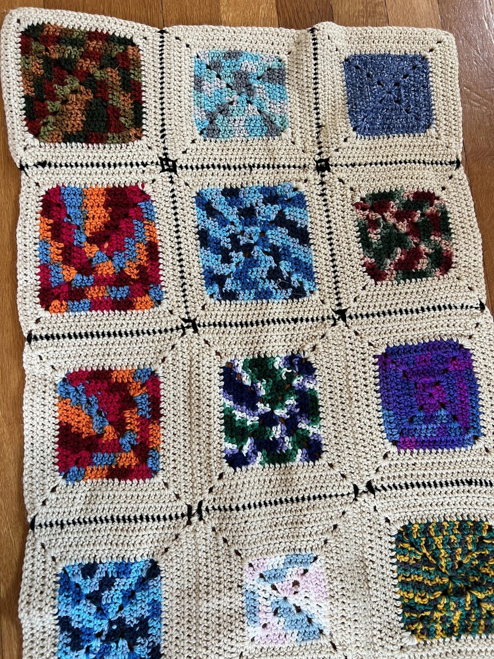 Handmade Crochet Granny Square Afghan Blanket Lap Throw Multicolor Beige Boho